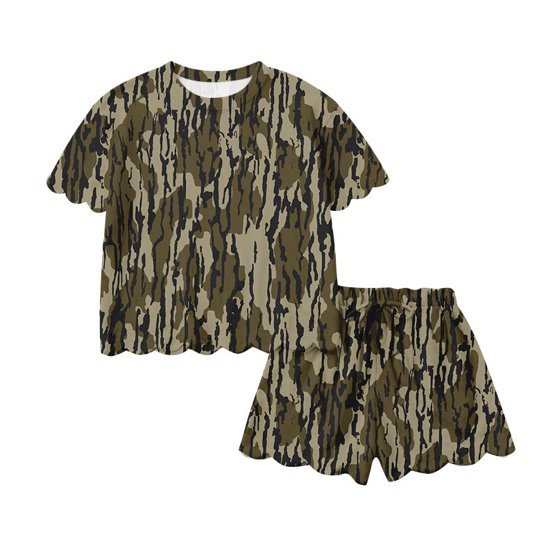1.20 RTS NO MOQ (In stock)GSSO3231 Adult Women Southern Olive Camo Top Scallop Short Clothes Sets