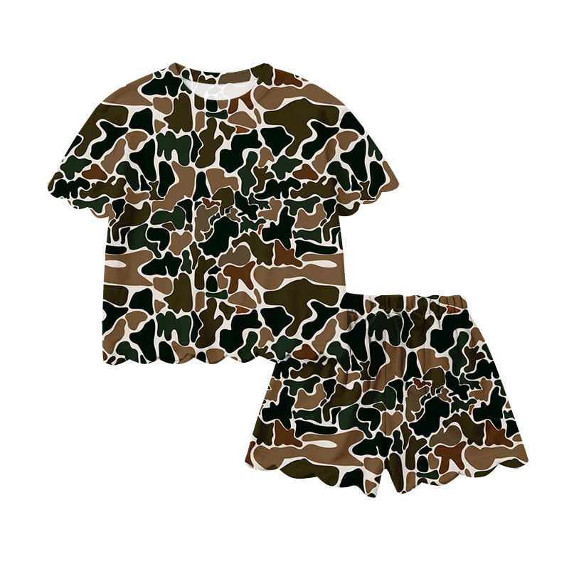 1.20 RTS NO MOQ (In stock)GSSO3234 Adult Women Southern Leaves Camo Top Scallop Short Clothes Sets