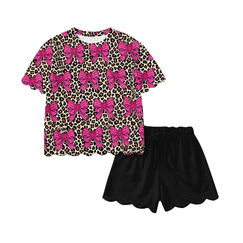 1.20 RTS NO MOQ (In stock)GSSO3237 Baby Girls Leopard Turquoise Bows Top Scallop Shorts Western Clothes Sets