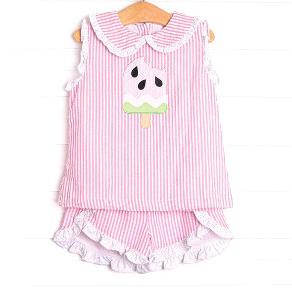 1.20 GSSO3238 Pre order No Moq Baby Girls Pink Stripe Popsicle Collar Tunic Ruffle Shorts Clothes Sets