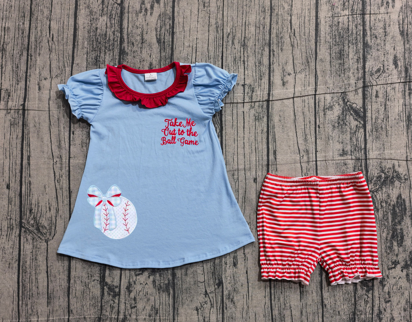 1.31 GSSO3245 Sample No Moq Embroidery Baseballs Bows Baby Girls Tunic Stripe Ruffle Shorts Team Clothes Sets
