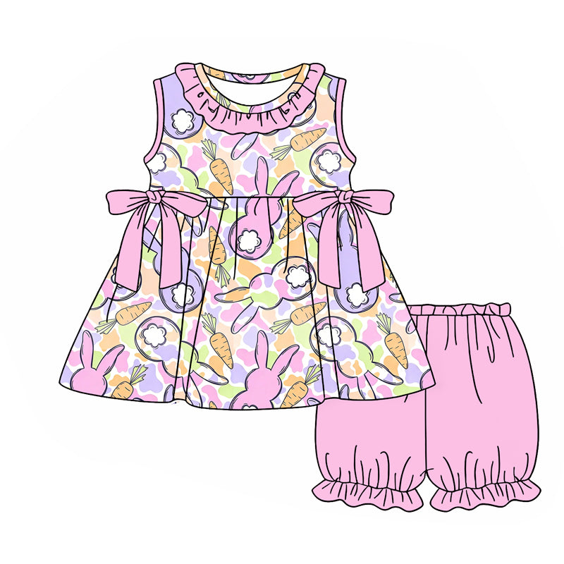 1.20 GSSO3248 Pre order No Moq Baby Girls Camo Rabbits Carrots Collar Tunic Ruffle Shorts Easter Clothes Sets