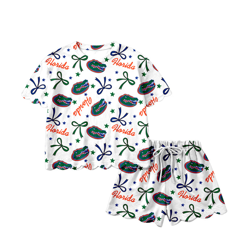 1.21 GSSO3249 Pre order No Moq Baby Girls Star Bows Crocodiles Top Scallop Shorts Team Clothes Sets