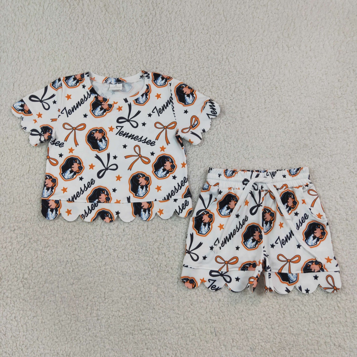 GSSO3251 RTS NO MOQ (In stock) Baby Girls Cute Star Bow Short Sleeve Top Scallop Trim Casual Shorts Team Daily Outfit