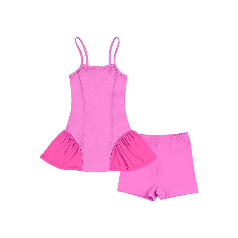 1.21 GSSO3259 Pre order No Moq Yoga fabric Baby Girls Pink Strap Tunic Shorts Yoga Active Clothes Sets