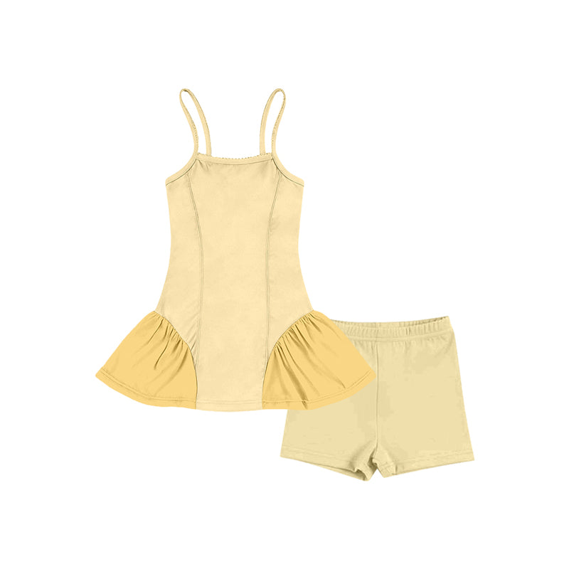 1.21 GSSO3262 Pre order No Moq Yoga fabric Baby Girls Yellow Strap Tunic Shorts Yoga Active Clothes Sets