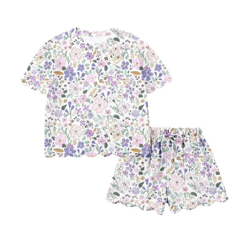 1.22 GSSO3267 Pre order No Moq Baby Girls Short Sleeve Colorful Flowers Top Scallop Shorts Clothes Sets