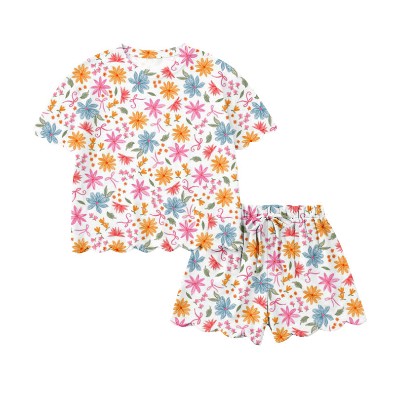 1.22 GSSO3269 Pre order No Moq Baby Girls Short Sleeve Colorful Flowers Top Scallop Shorts Clothes Sets
