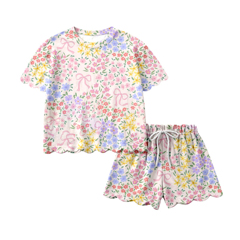 1.22 GSSO3270 Pre order No Moq Baby Girls Short Sleeve Colorful Flowers Bows Top Scallop Shorts Clothes Sets