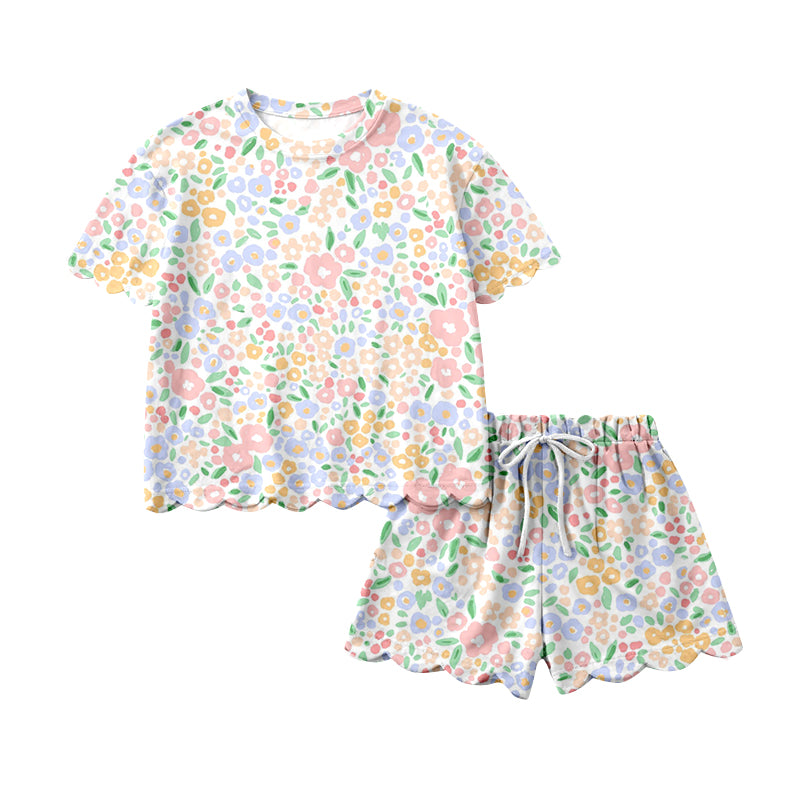 1.22 GSSO3273 Pre order No Moq Baby Girls Short Sleeve Colorful Small Flowers Top Scallop Shorts Clothes Sets