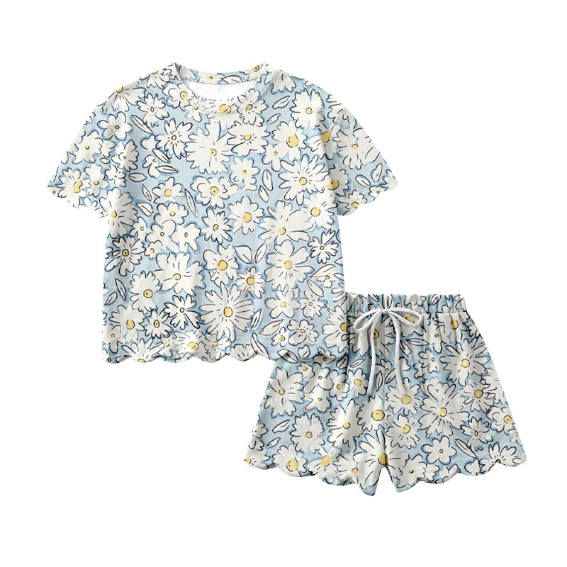 1.22 GSSO3275 Pre order No Moq Baby Girls Short Sleeve Daisy Flowers Top Scallop Shorts Clothes Sets