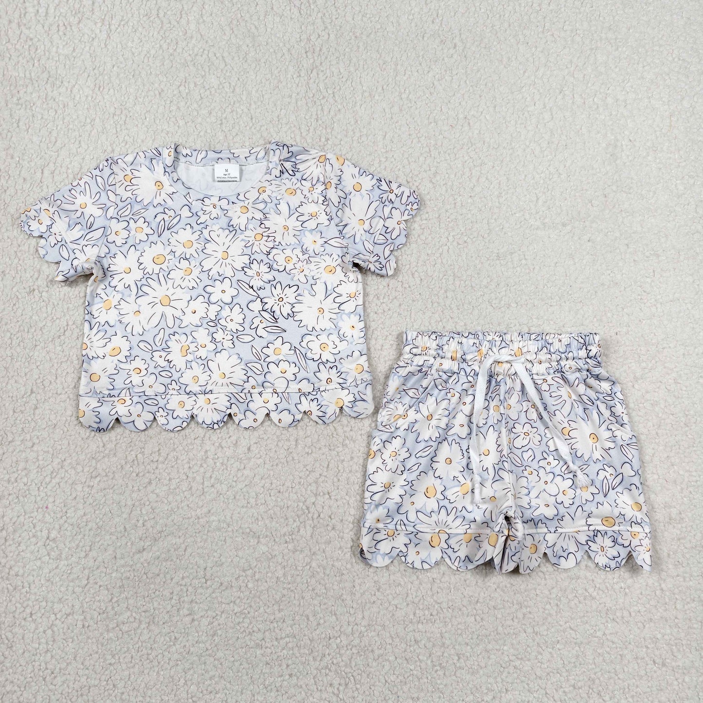 GSSO3275 RTS NO MOQ (In stock )Short sleeves scallop white floral toddler girls summer set