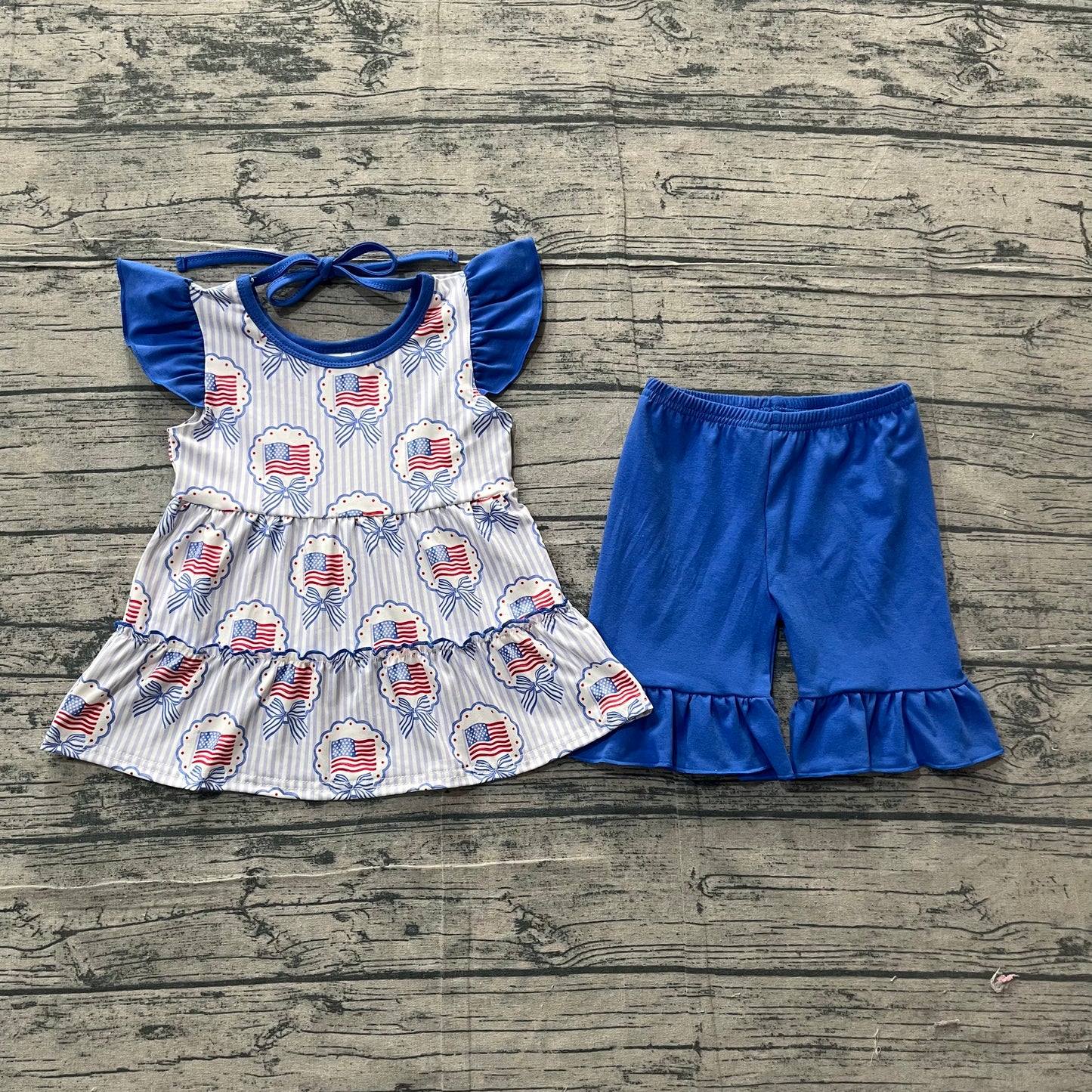 3.18 GSSO3296 Sample No Moq Baby Girls Summer Fashion Flutter Sleeve Blue Stripe Bows Flags Tunic Ruffle Short 4th of July Clothes Sets