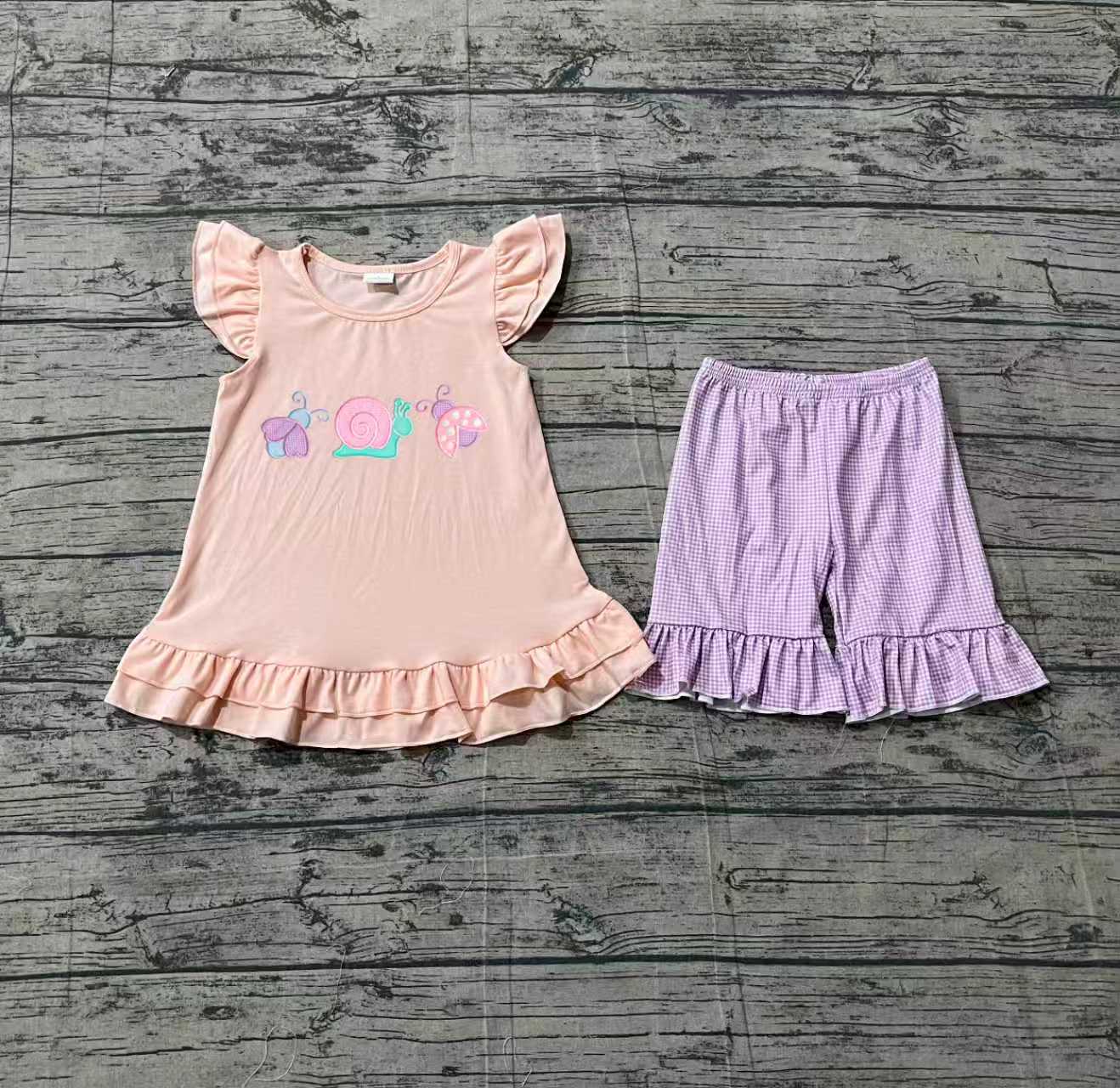 3.7 GSSO3305 Sample No Moq Baby Girls Embroidery Ladybirds Snails Tunic Ruffle Shorts Clothes Sets