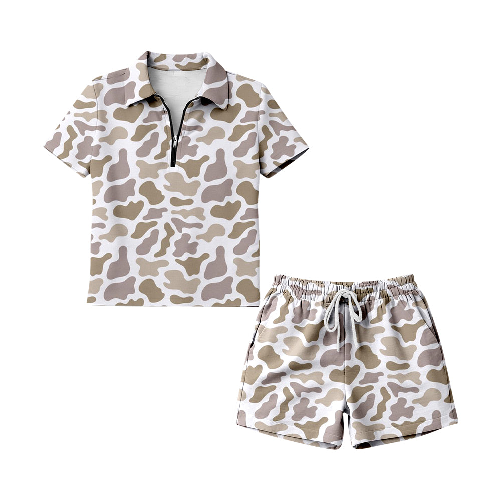 1.31 GSSO3317 Pre order No Moq Adult Women Southern Light Khaki Camo Zip Pullovers Pockets Short Clothes Sets