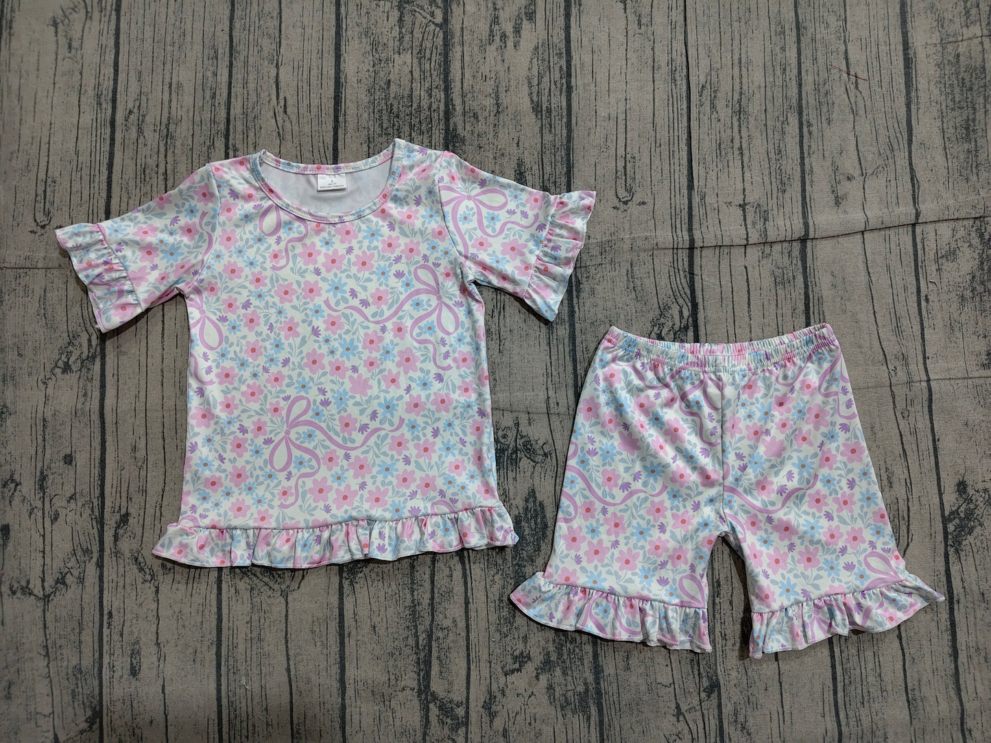 4.1 GSSO3322 Sample No Moq Baby Girls Pink Bows Flowers Top Ruffle Shorts Pajamas Clothes Sets Preorder