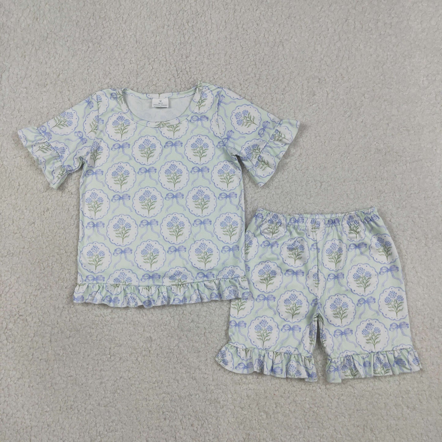 RTS NO MOQ (In stock )Short sleeves goose bow floral top shorts girls outfits