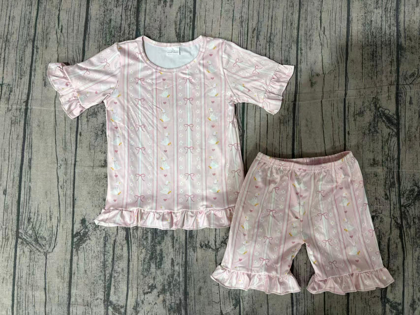 3.3 GSSO3330 Sample No Moq Summer Baby Girls Bow Stripe Top Ruffle Shorts Pajamas Clothes Sets