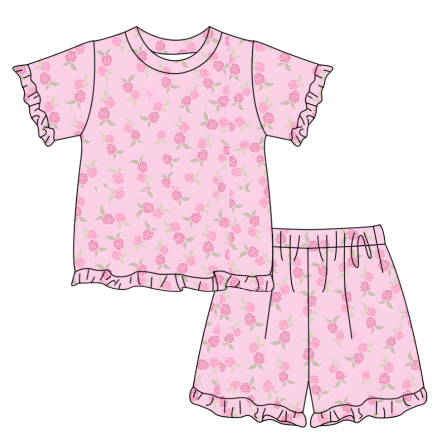 2.2 GSSO3338 Pre order No Moq Baby Girls Short Sleeve Pink Flowers Top Ruffle Short Clothes Set