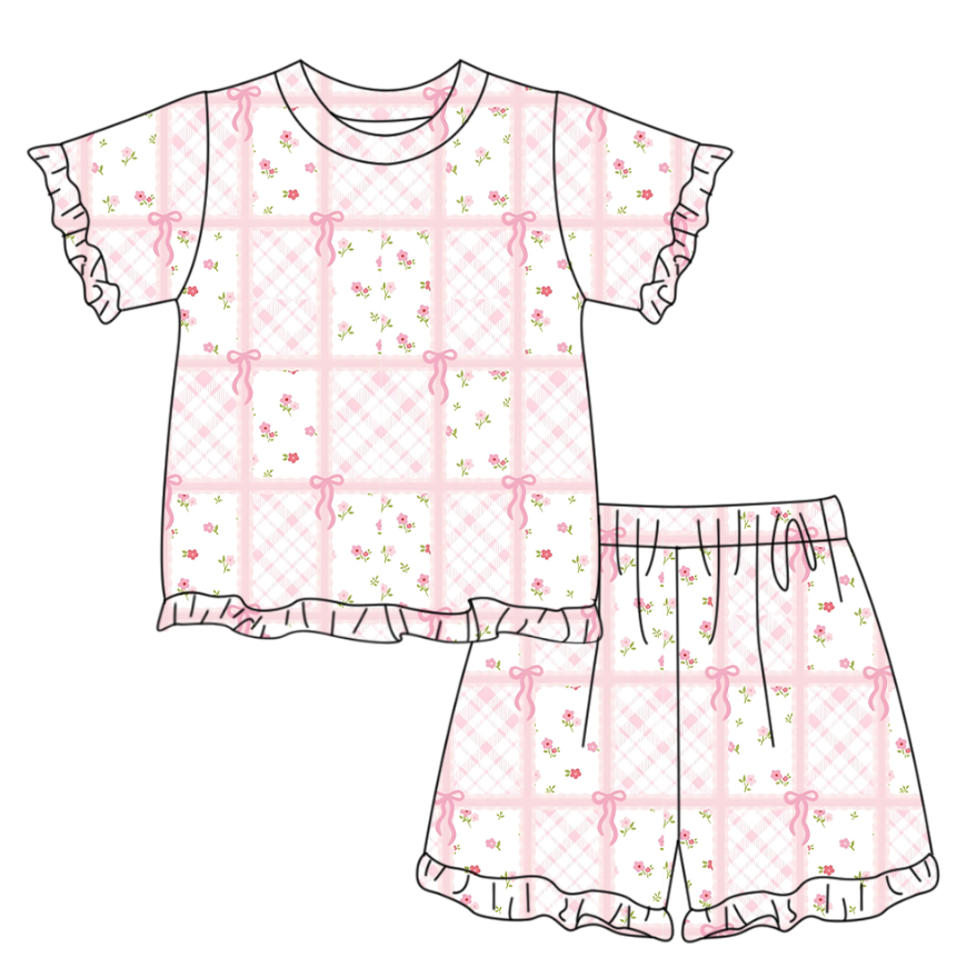 2.2 GSSO3339 Pre order No Moq Baby Girls Short Sleeve Pink Bow Flowers Checked Top Ruffle Short Clothes Set