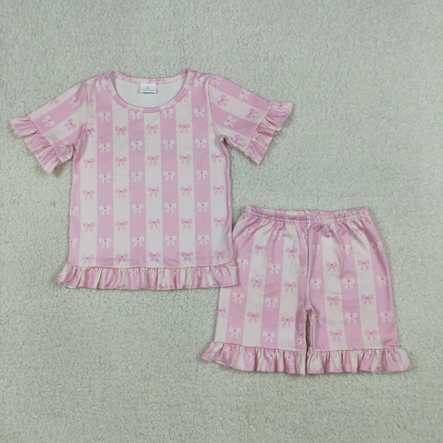 4.10 GSSO3341 RTS NO MOQ (In stock )Short sleeves pink stripe bow kids girls summer outfits