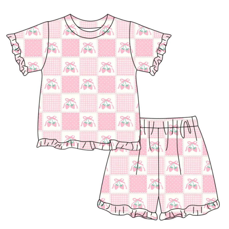 2.2 GSSO3342 Pre order No Moq Baby Girls Short Sleeve Pink Bows Strawberry Checked Top Ruffle Short Clothes Set