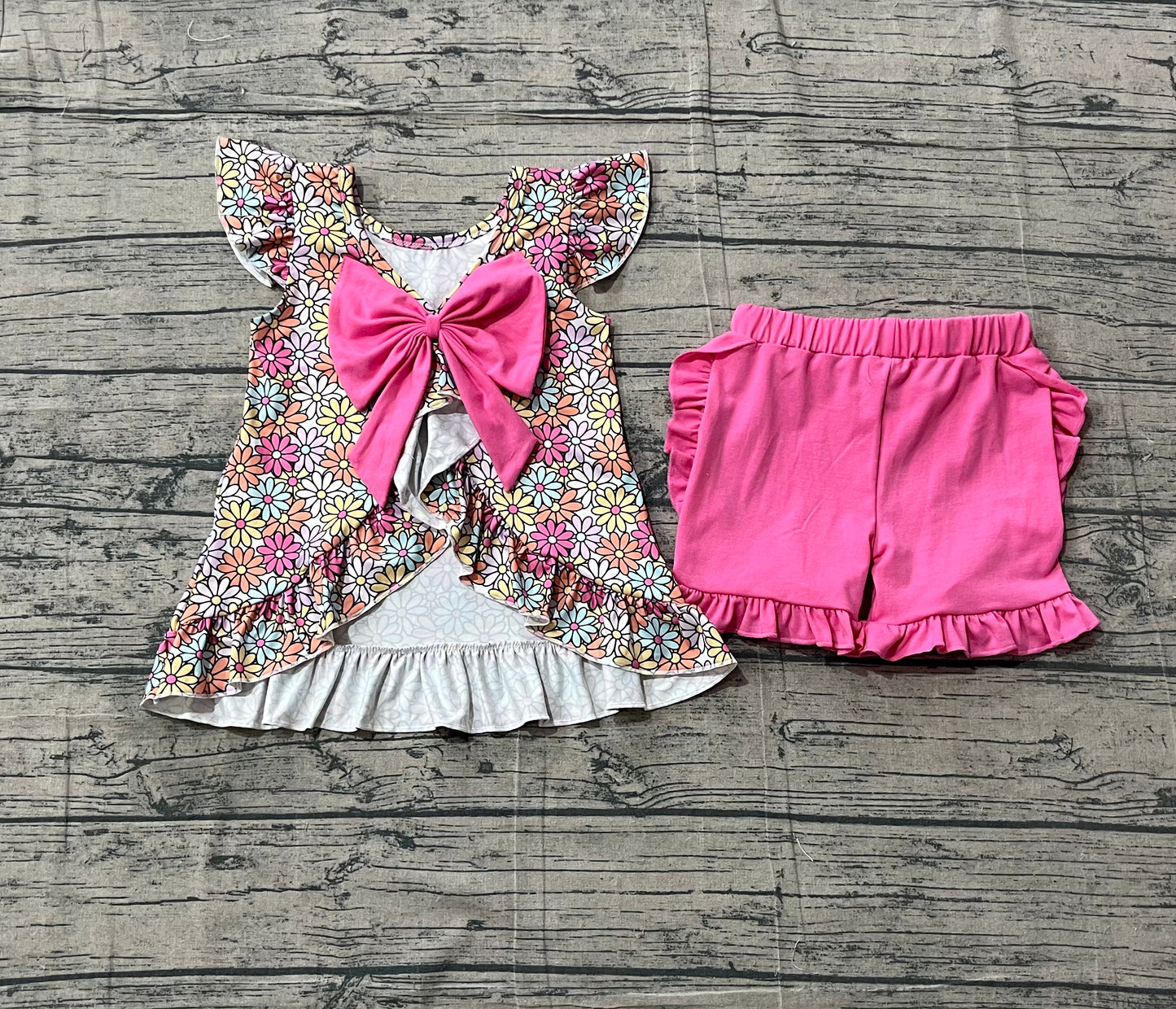 3.14 GSSO3353 Sample No Moq Baby Girls Summer Colorful Flowers Back Bow Tunic Ruffle Shorts Clothes Sets