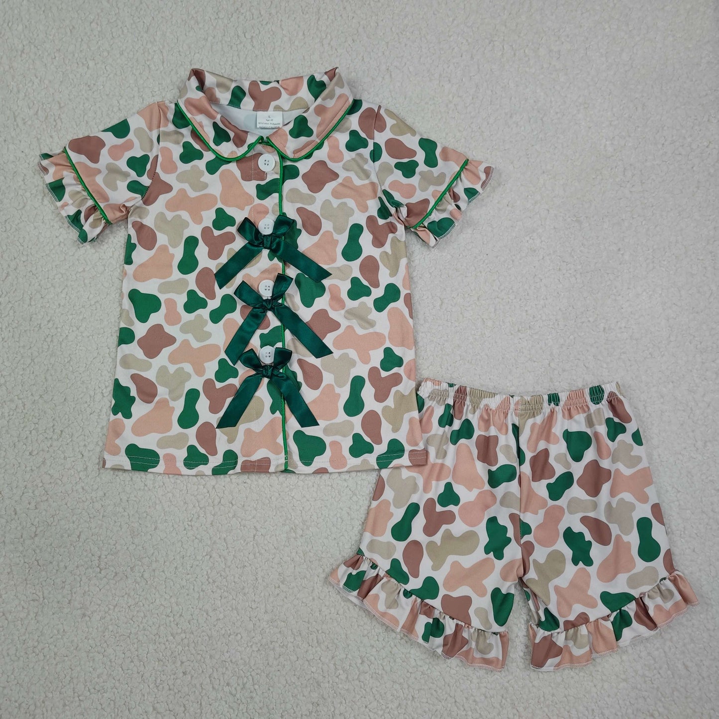 RTS Sibling Short sleeves bow camo girls button down pajamas set