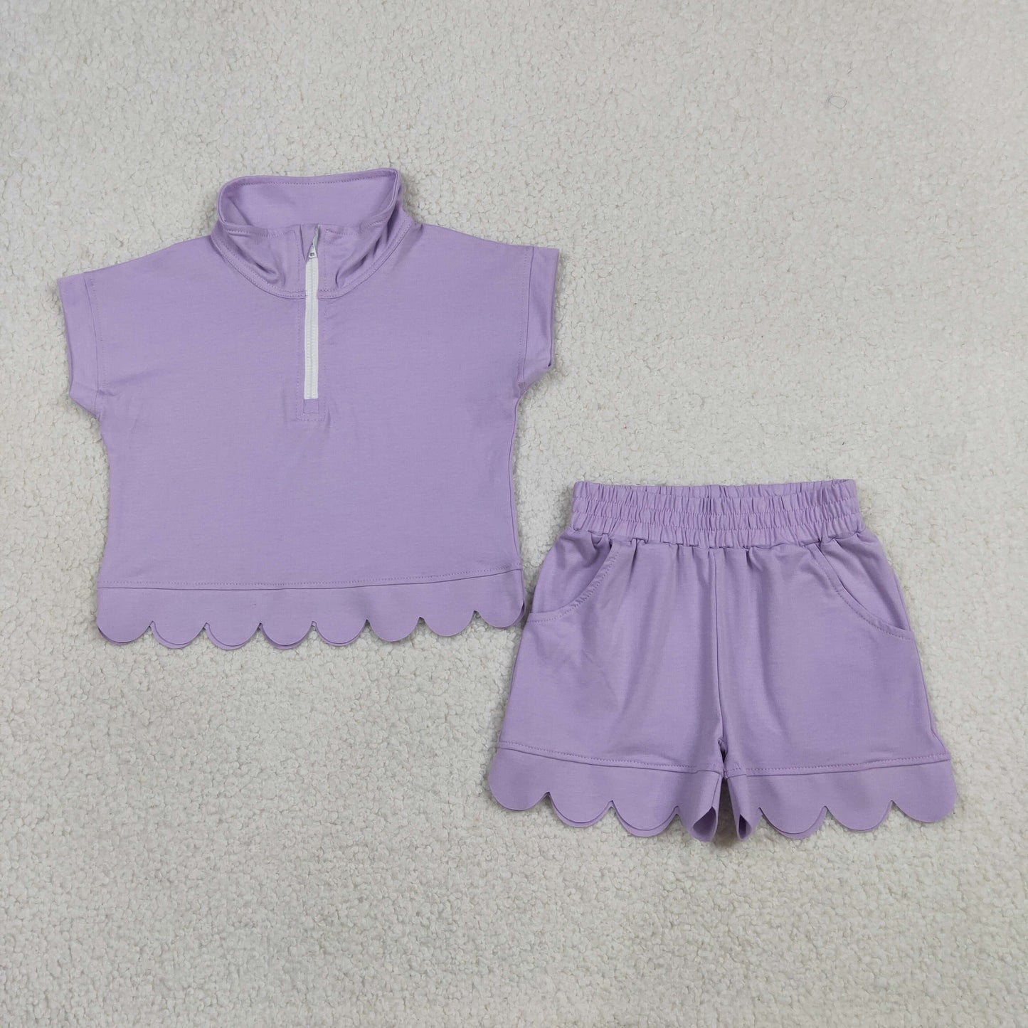 GSSO3377 RTS NO MOQ (In stock)Baby Girls Summer Fashion Short Sleeve Lavender Zipper Scallop Pullover Top Pockets Short Checked Set