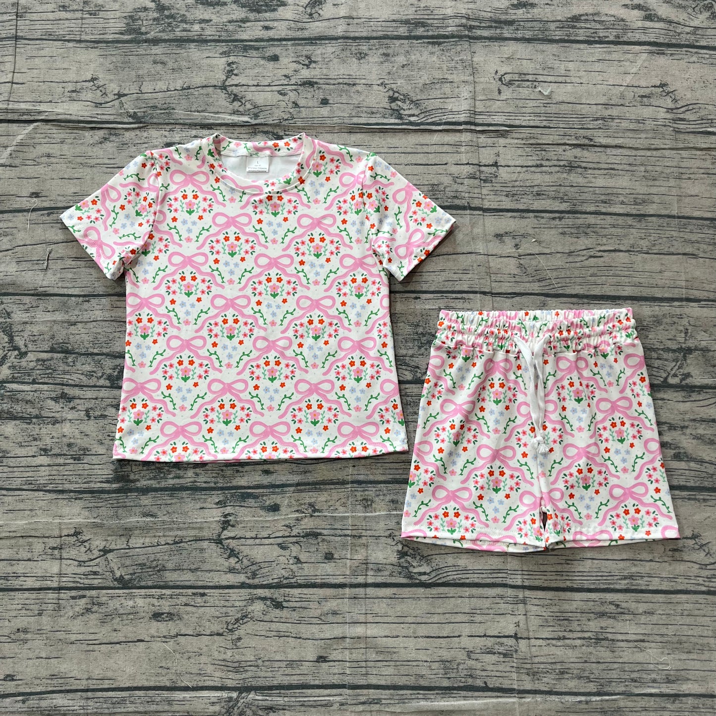 3.16 GSSO3379 Sample No Moq Baby Girls Summer Fashion Short Sleeve Pink Bows Flowers Top Shorts Clothes Set