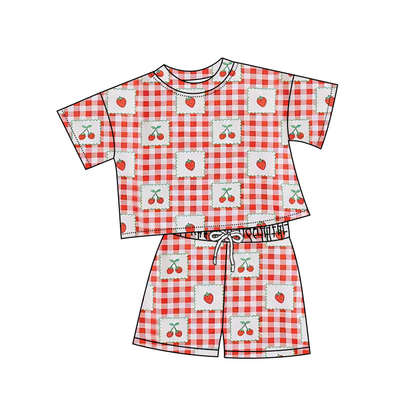 2.7 GSSO3380 Pre order No Moq Baby Girls Short Sleeve Red Checked Cherry Top Shorts Clothes Set