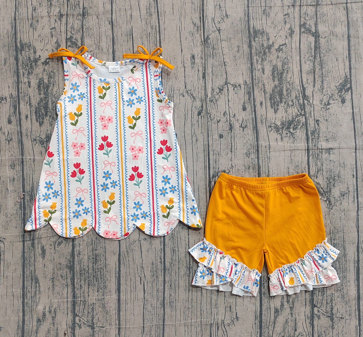 3.9 GSSO3388 Sample No Moq Baby Girls Sleeveless Bows Flowers Stripe Tunic Ruffle Shorts Clothes Set