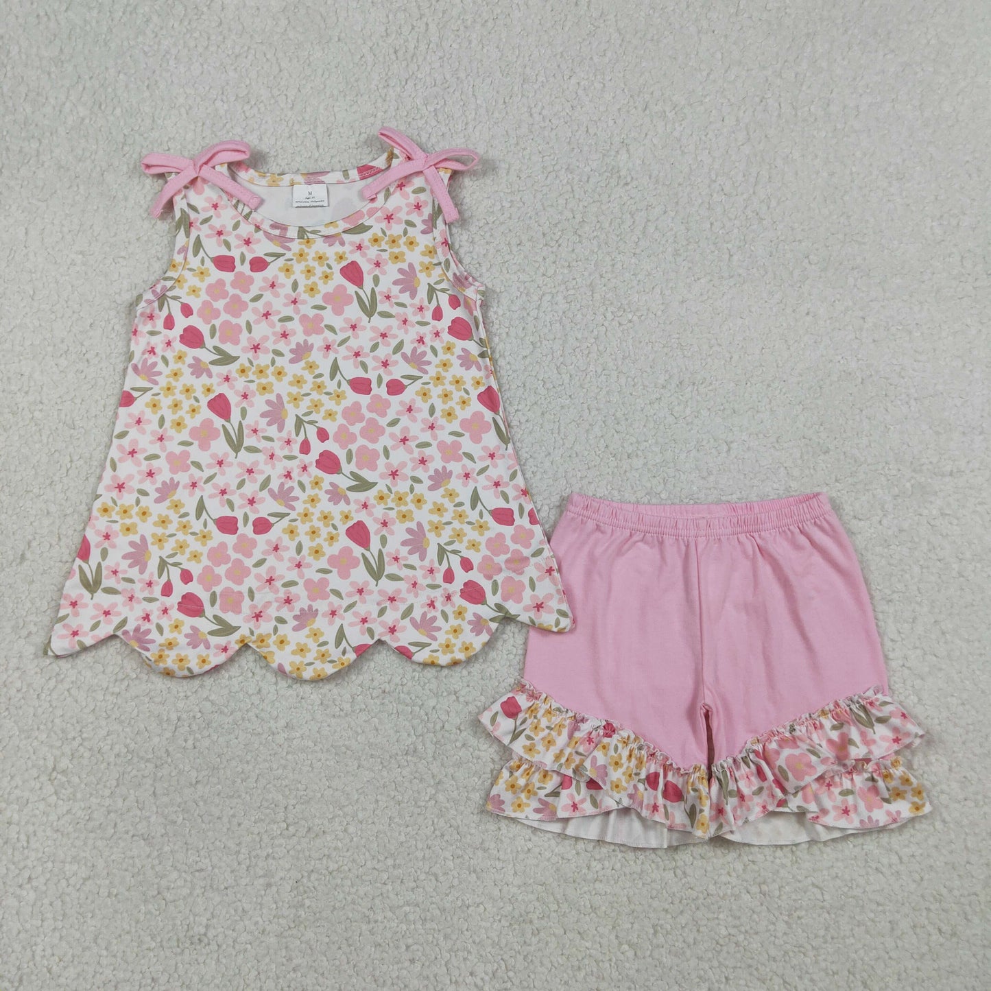 3.26 RTS NO MOQ (In stock)GSSO3389 Kids Clothing for Baby Girls Short Sleeve Colorful Flowers Scallop Tunic Ruffle Shorts Clothes Set