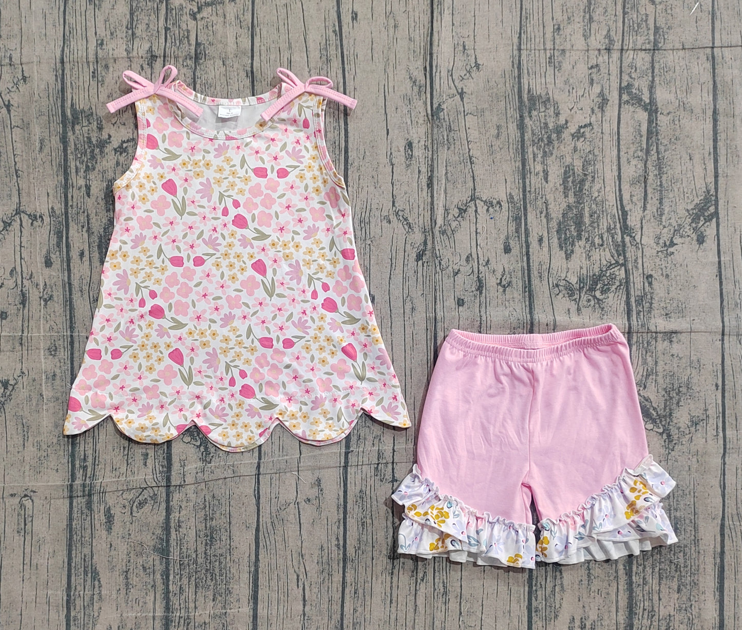 3.9 GSSO3389 Sample No Moq Baby Girls Sleeveless Colorful Flowers Tunic Ruffle Shorts Clothes Set