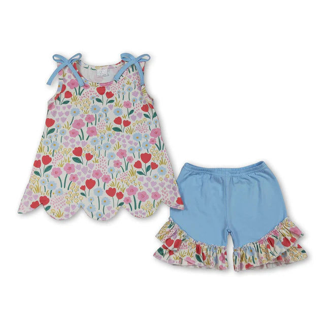 RTS Sibling Sibling Baby Girls Colorful Flowers Scallop Tunic Ruffle Short Clothes Sets
