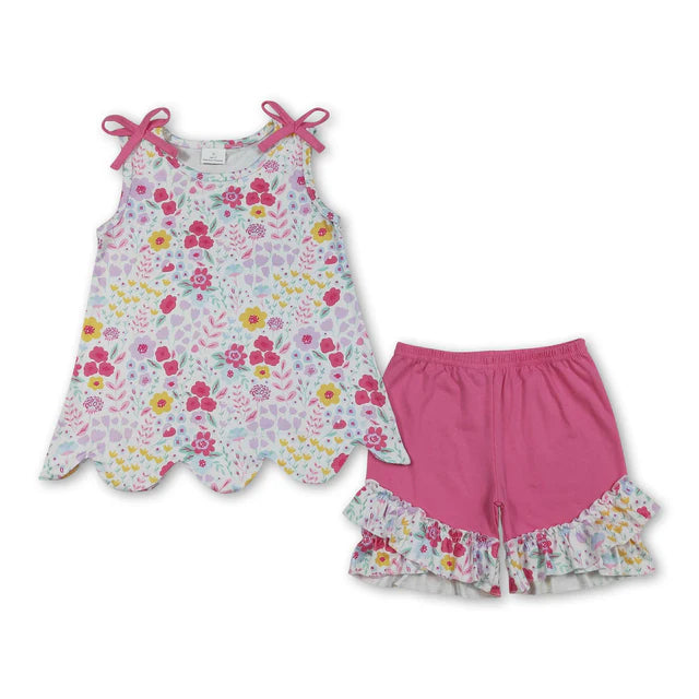 RTS Sibling Sleeveless floral scallop top pink shorts girls outfits