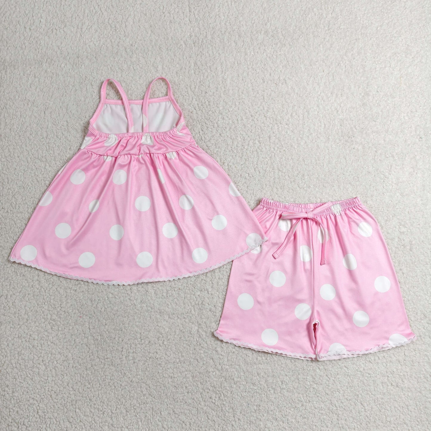 GSSO3417RTS NO MOQ (In stock )Pink straps polka dots tunic shorts girls summer clothes