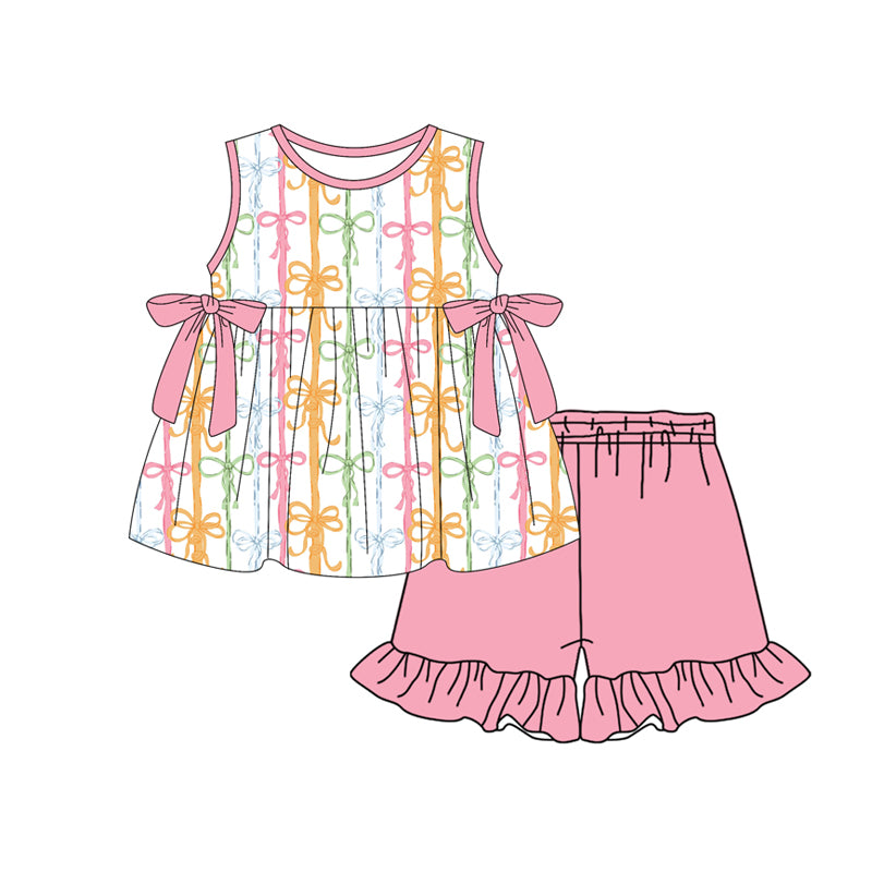 2.28 GSSO3425 Pre order No Moq Cute Clothing For Girls Summer Colorful Bows Stripe Tunic Ruffle Shorts Clothes Set