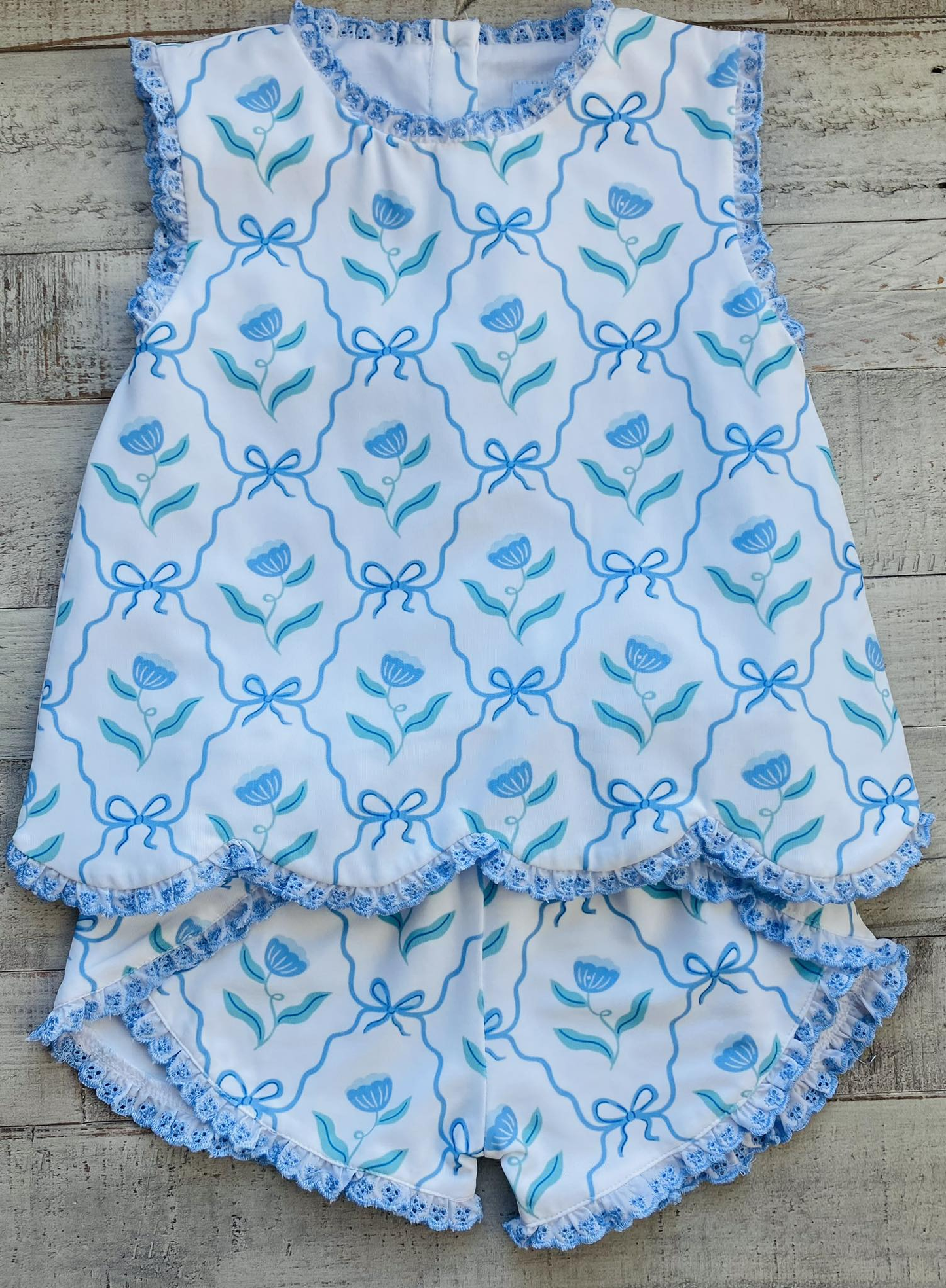 2.28 GSSO3426 Pre order No Moq Cute Clothing For Girls Summer Blue Bow Flowers Checked Tunic Ruffle Shorts Clothes Set