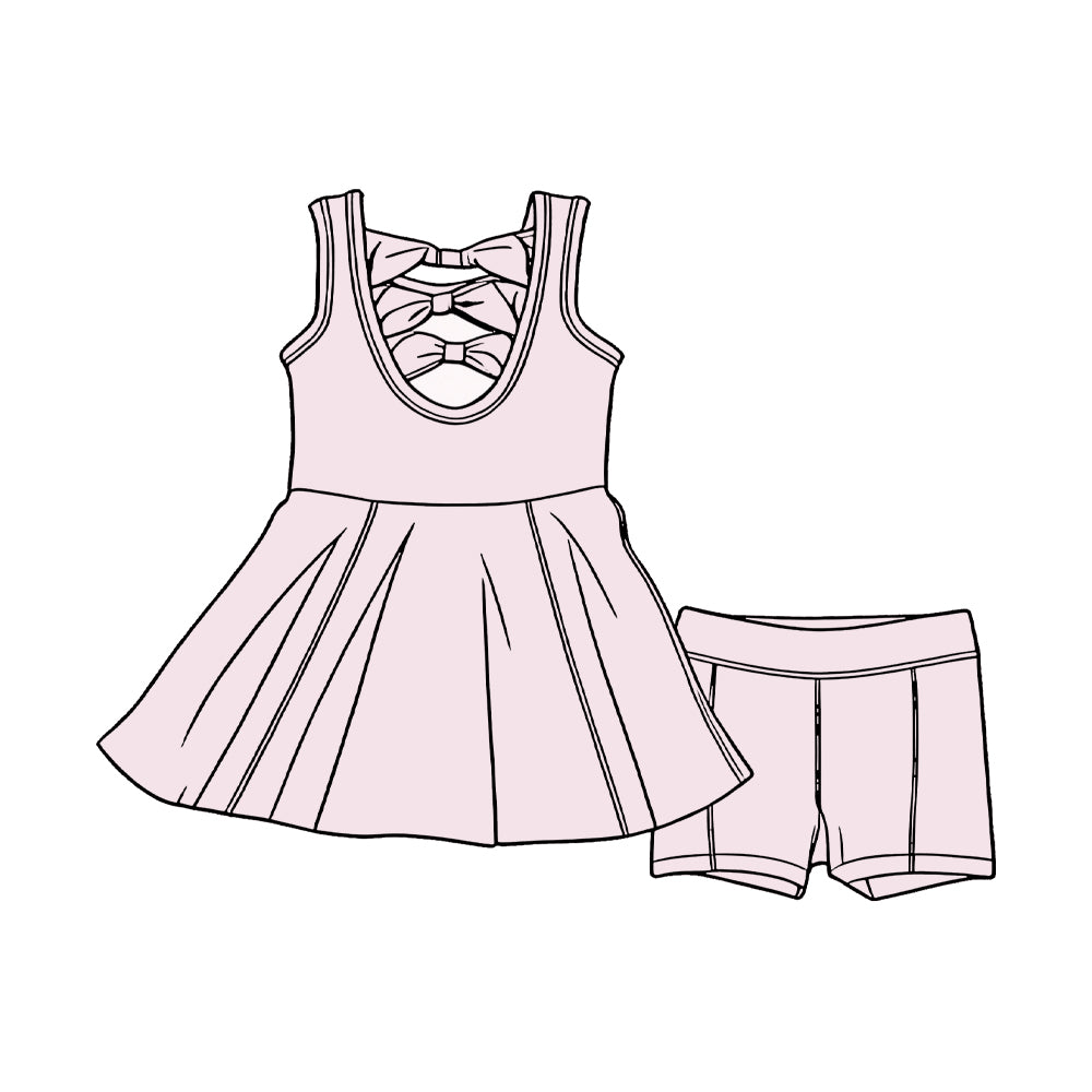 3.4 GSSO3457 Pre order No Moq Cute Fashion Clothing Baby Girls Light Pink Sleeveless Back Bows Tunic Shorts Clothes Sets