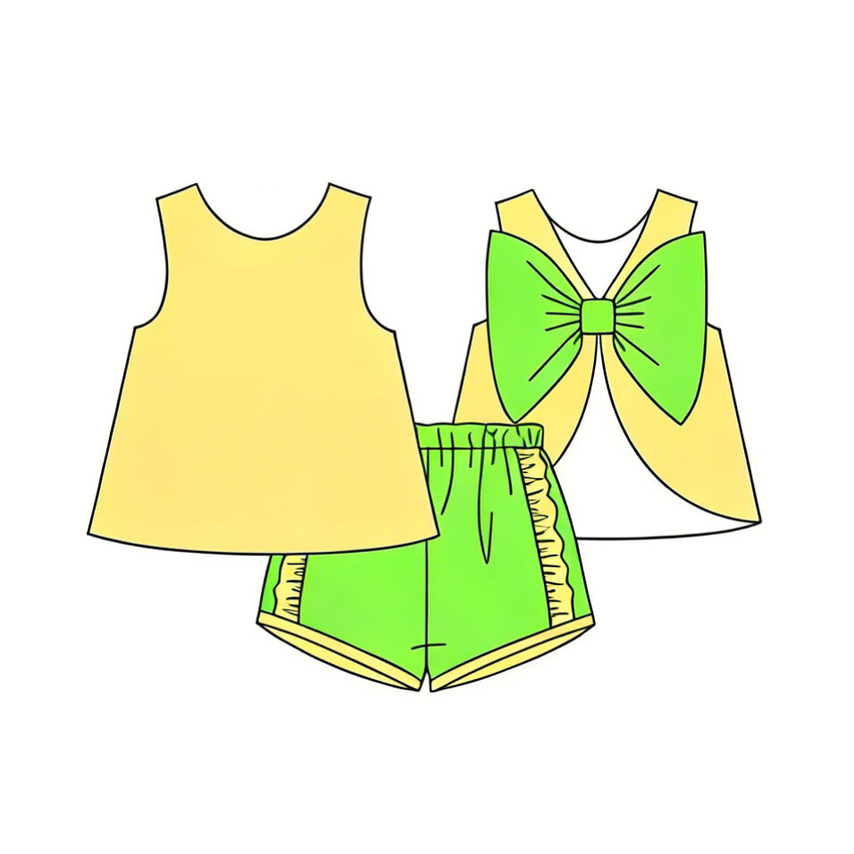 3.4 GSSO3464 Pre order No Moq Cute Fashion Clothing Baby Girls Sleeveless Back Bows Tunic Green Ruffle Shorts Clothes Sets