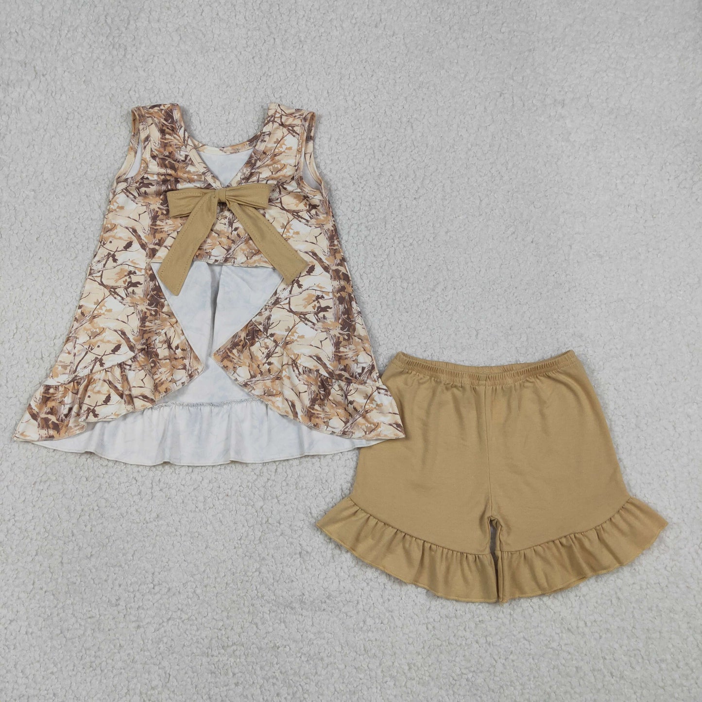 GSSO3467 RTS NO MOQ (In stock)Baby Girls Sleeveless Southern Leaves Camo Tunic Ruffle Shorts Clothes Sets