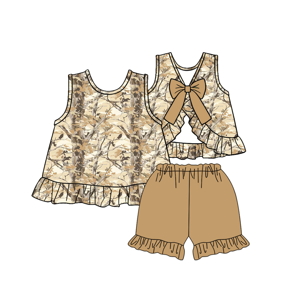 3.4 GSSO3467 Pre order No Moq Cute Fashion Clothing Baby Girls Sleeveless Southern Leaves Camo Tunic Ruffle Shorts Clothes Sets