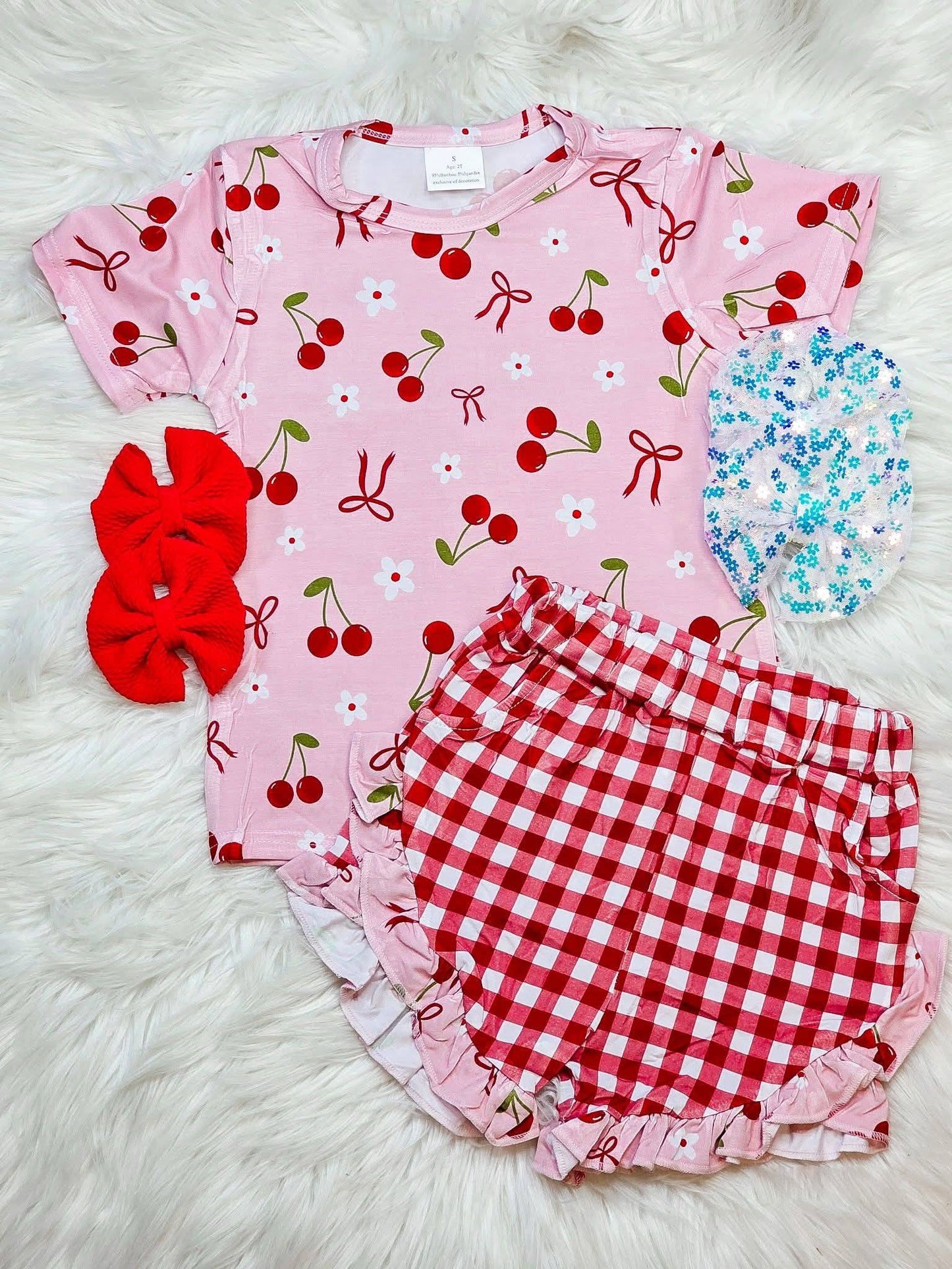 3.4 GSSO3470 Pre order No Moq Cute Fashion Clothing Baby Girls Cherry Flowers Top Checked Ruffle Shorts Clothes Sets