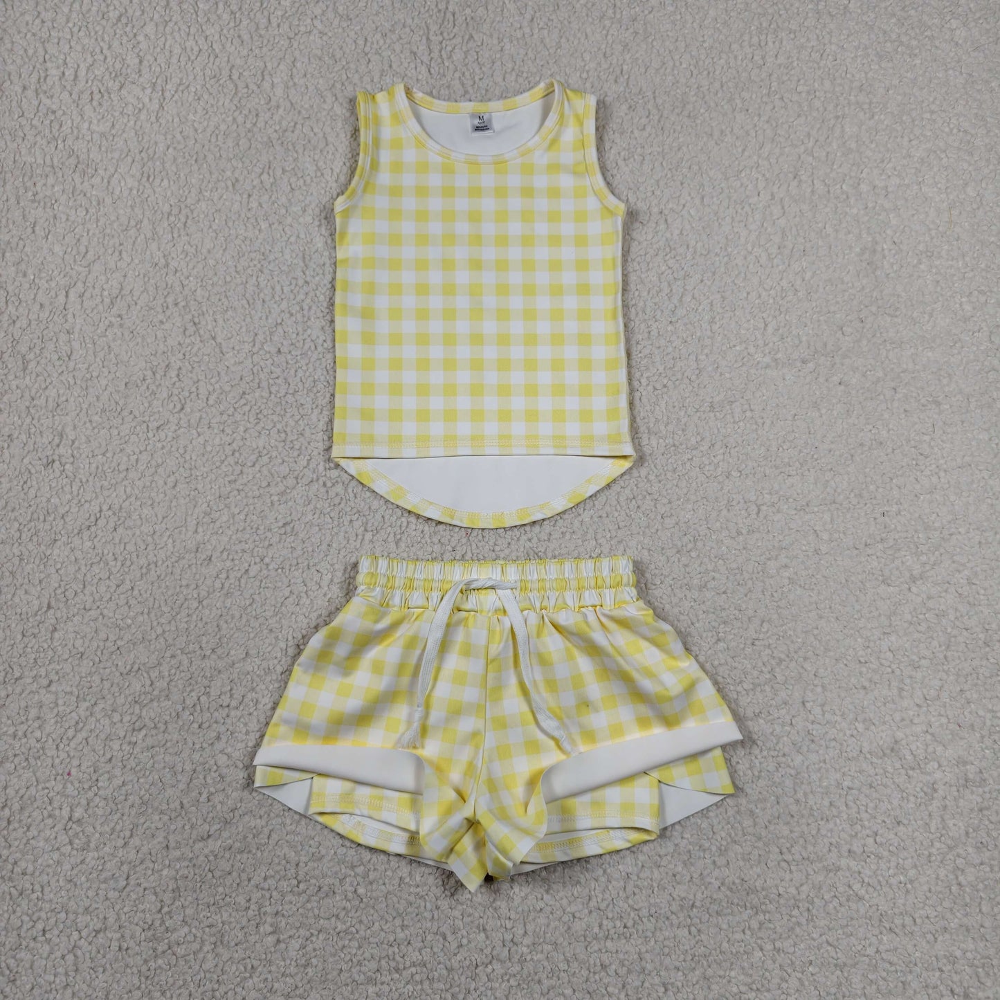 GSSO3475 RTS NO MOQ (In stock)Sleeveless yellow plaid top shorts girls active wear set