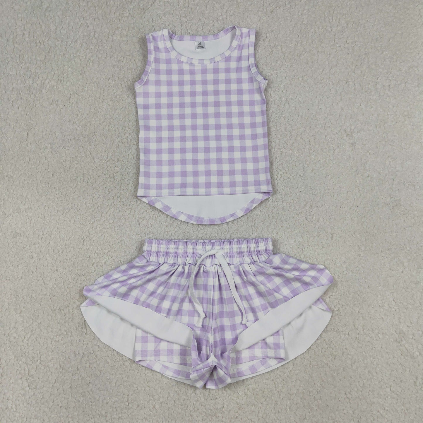 4.9 GSSO3477 RTS NO MOQ (In stock )Sleeveless lavender plaid top shorts girls active wear set