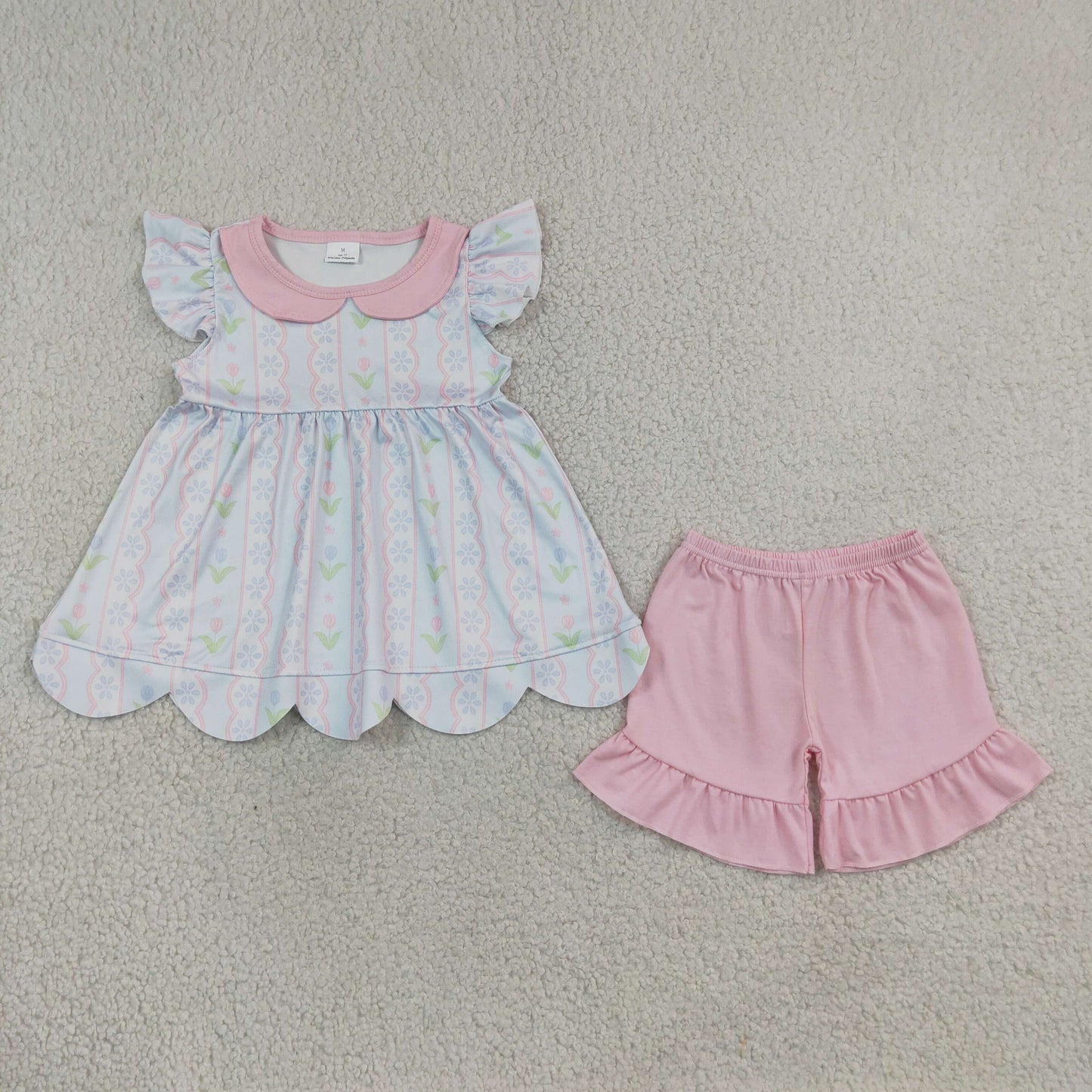 GSSO3490 RTS NO MOQ (In stock)milk silk Floral scallop tunic ruffle shorts girls summer outfits