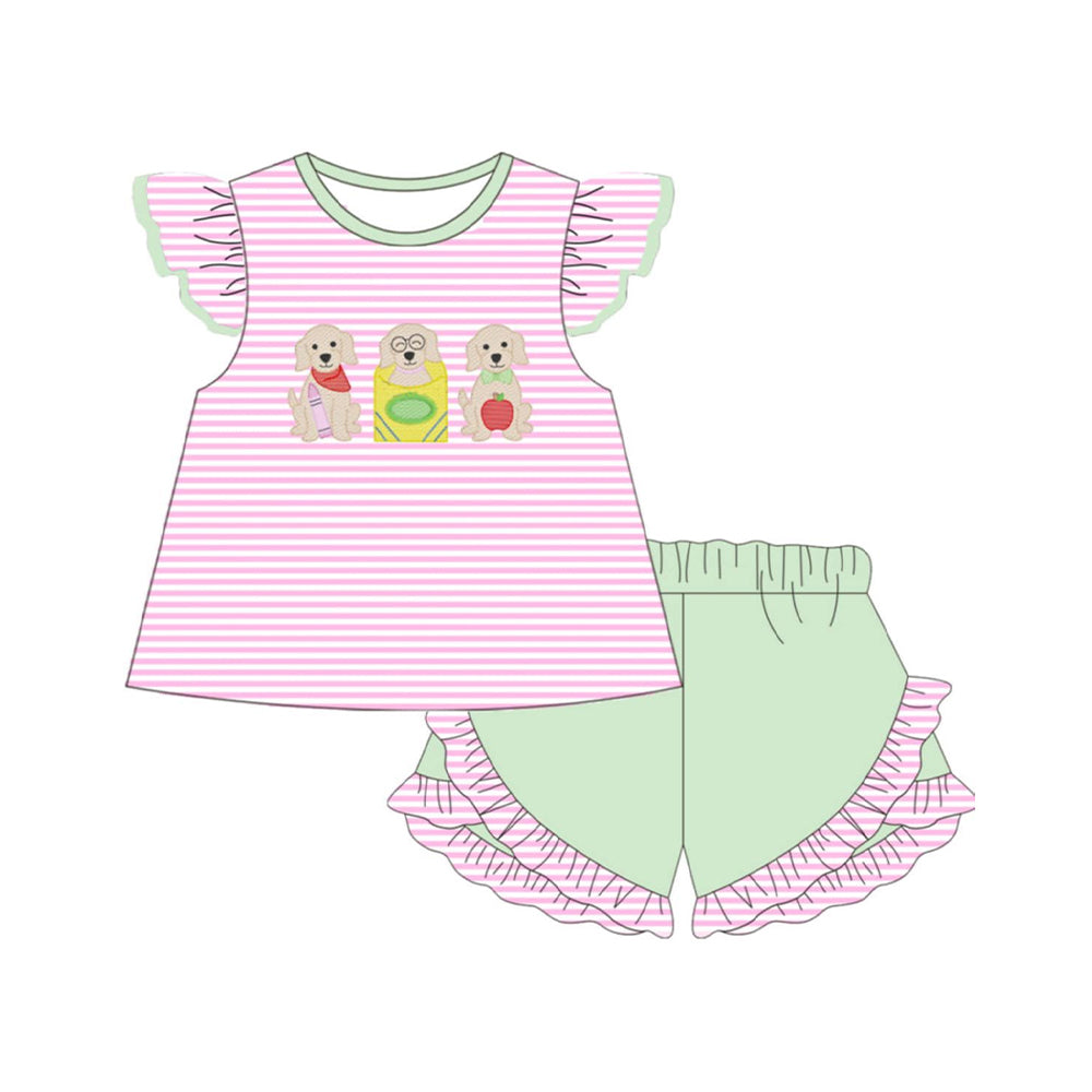 3.6 GSSO3498 Pre order No Moq Baby Girls Cute Fashion Apple Pencil Dogs Stripe Tunic Ruffle Short Back to School Clothes Sets