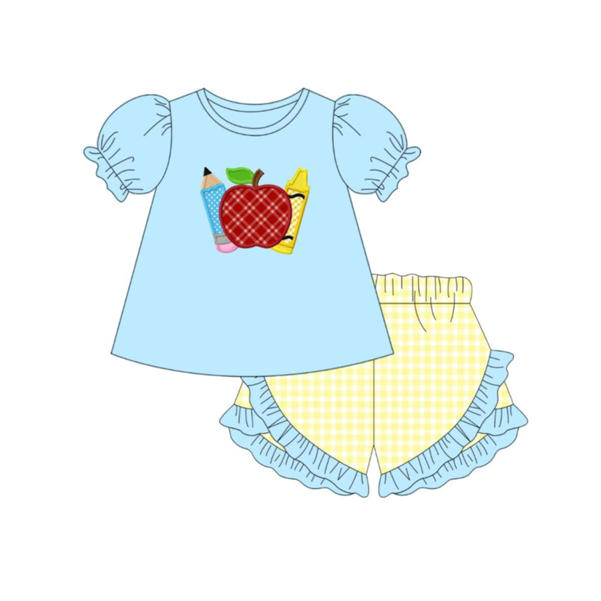 3.6 GSSO3500 Pre order No Moq Baby Girls Cute Fashion Apple Pencils Tunic Checked Ruffle Short Back to School Clothes Sets