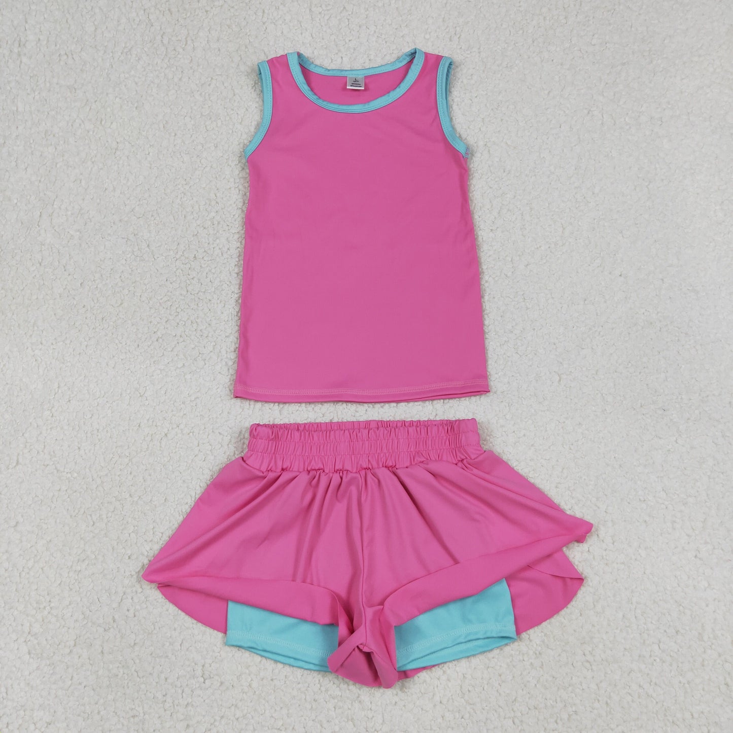 GSSO3526 RTS NO MOQ (In stock)Sleeveless hot pink top shorts girls active wear set